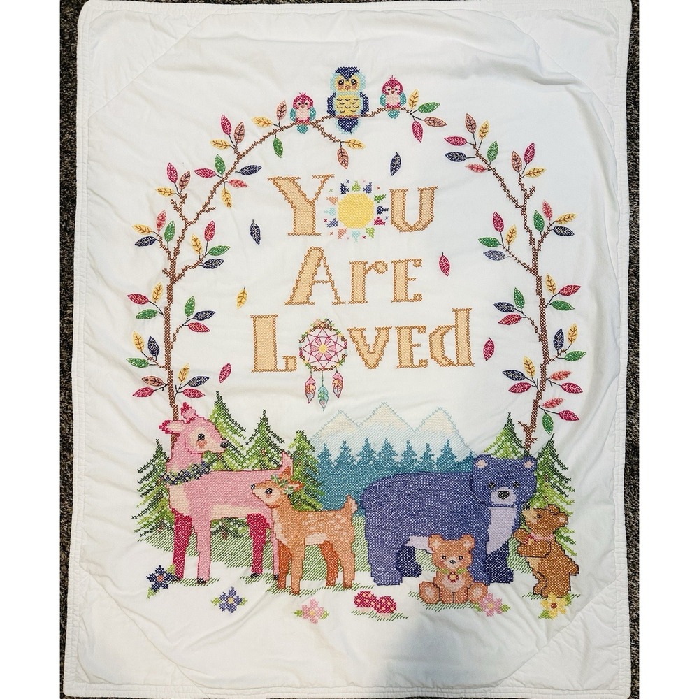 VTG Cross Stitch Baby Quilt Completed Crib Blanket Baby Animals "You Are Loved"